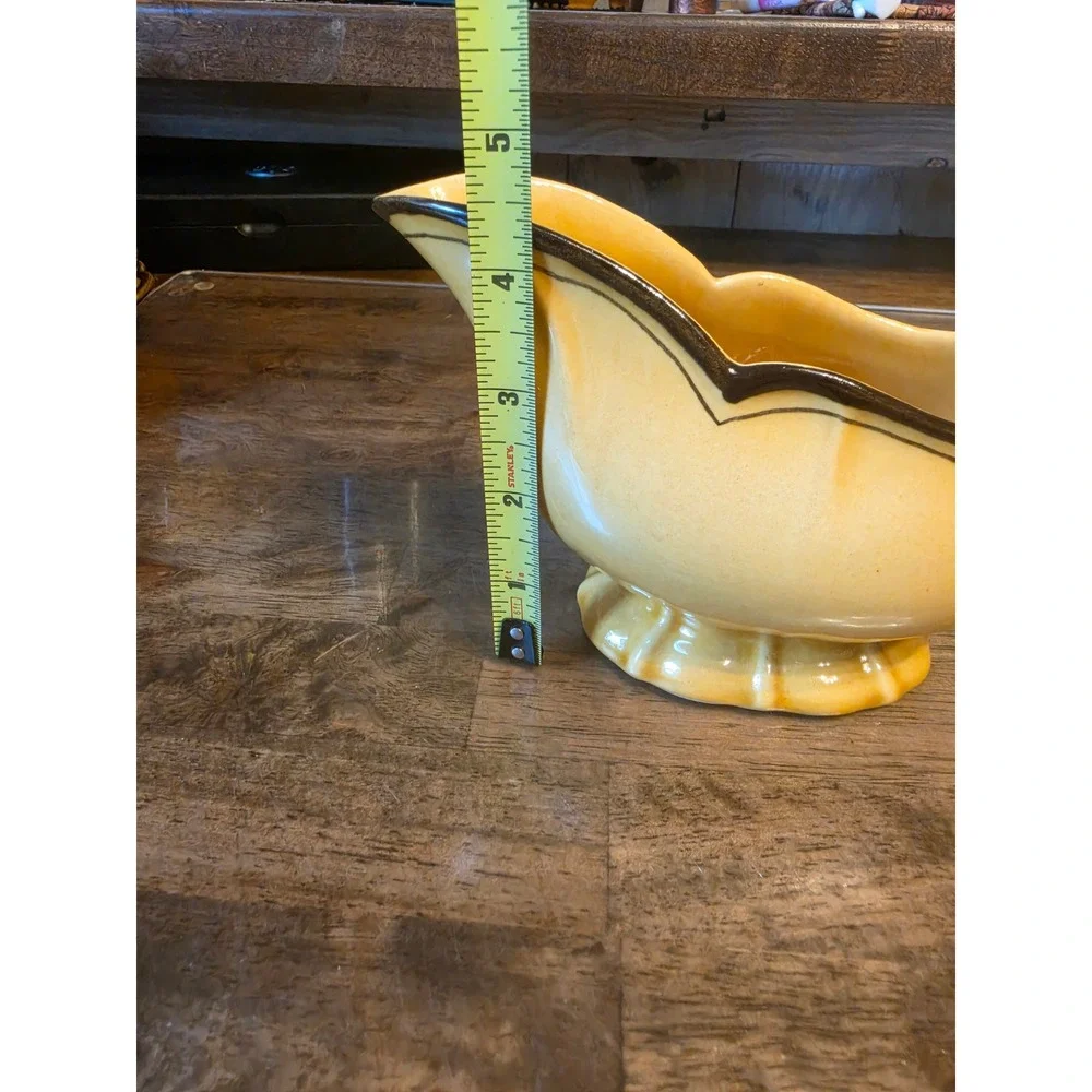 Vintage Yellow Ceramic Gravy Boat with Brown Scalloped Rim Pedestal Base 32